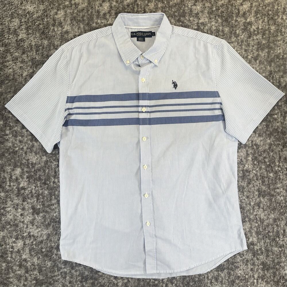 U.S. Polo Assn Men's Collared Button Striped Short Sleeve Cotton Logo Shirt Lg